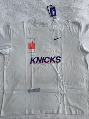 Nike White Knicks Graphic Tee with Blue and Orange Accents